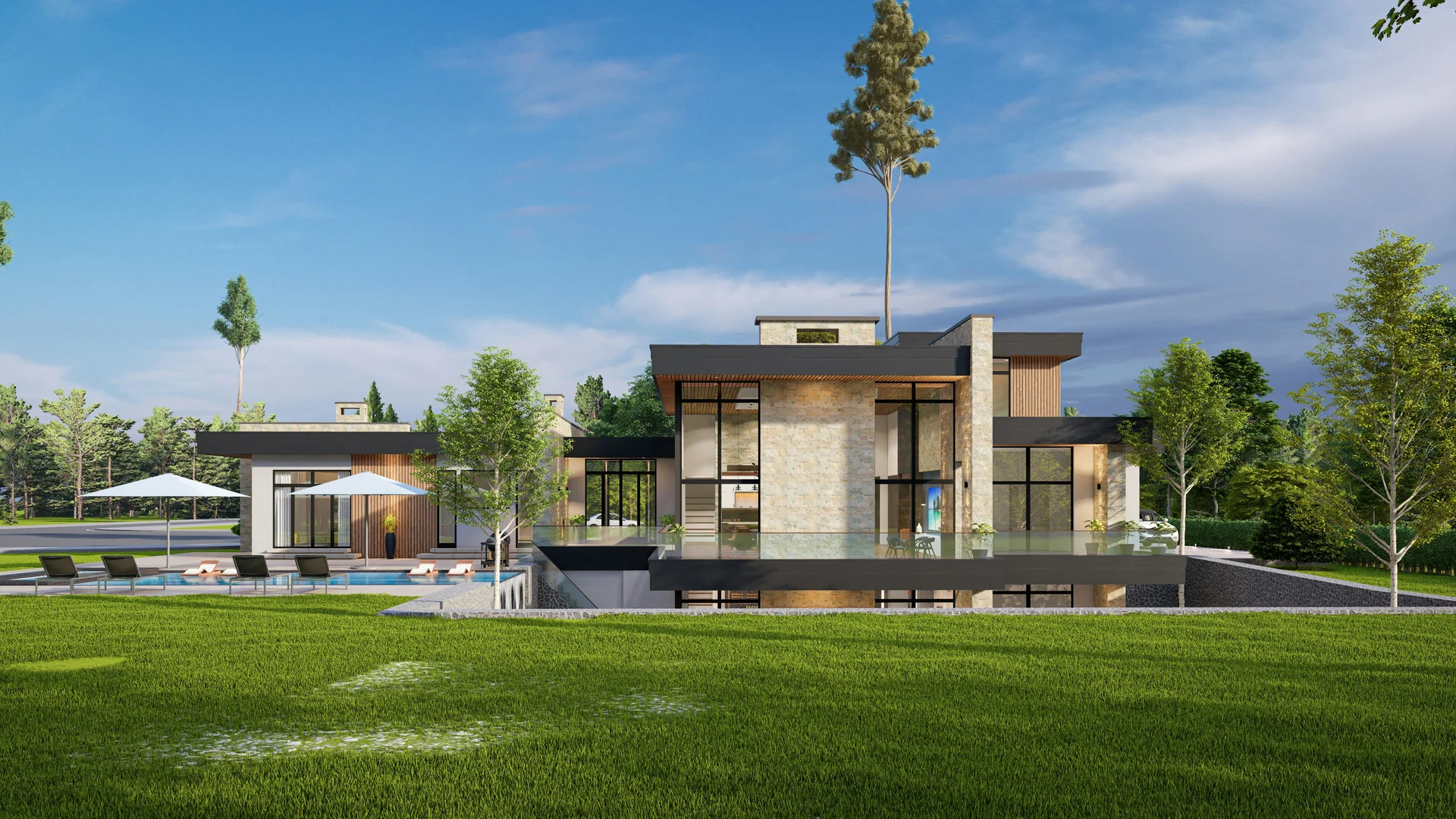 Luxury custom home construction site with modern architecture